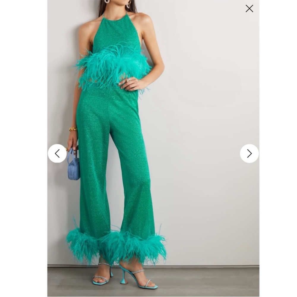 OSÉREE Lumière Plumage Feather Metallic Halter Top & Cropped Pants Set Small